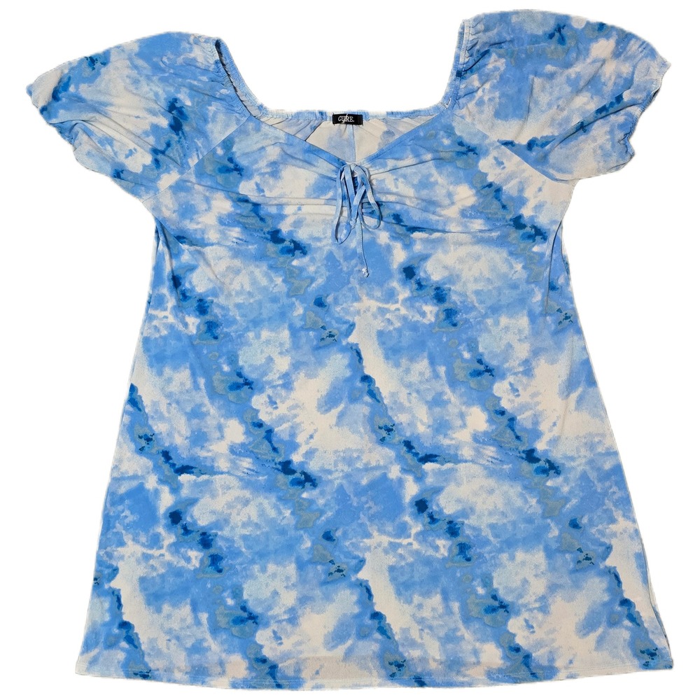 CURE. Women's Tie Front Square Neck Blue & White Tie Dye Mini Dress Size 1XL (T)